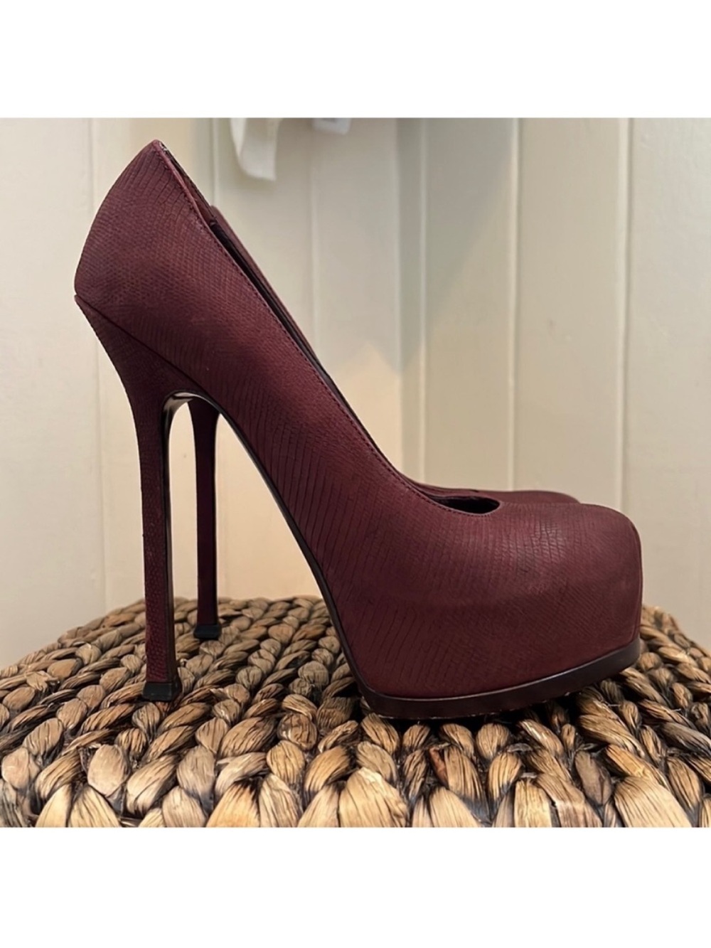 Saint Laurent Burgundy Suede Platform Heels YSL Tribute Style Sz 36.5